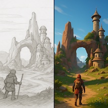 Draft image beside finished image of a game environment